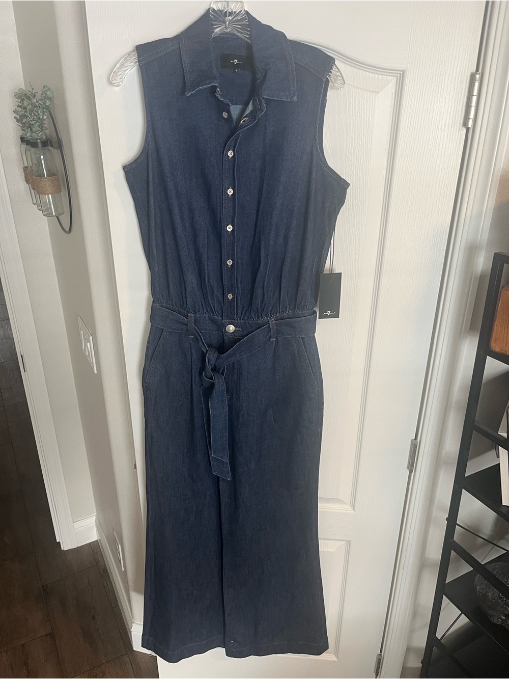 7 For All Mankind Dark Indigo Sleeveless Denim Jumpsuit with Tie Waist
